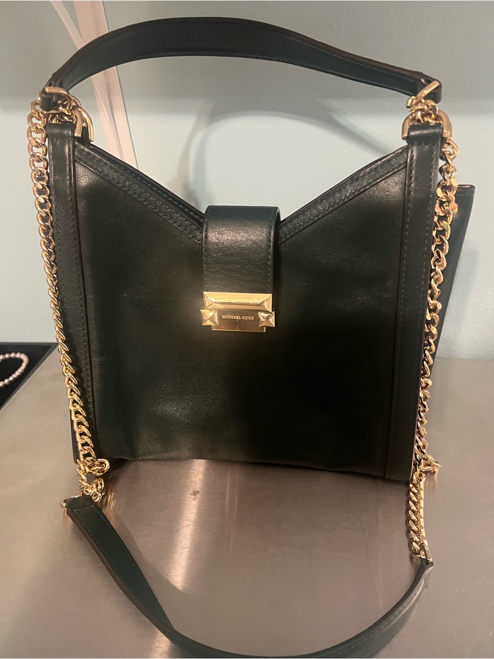 Michael Kors Dark Green Leather Shoulder Bag/Crossbody with Gold Chain Strap